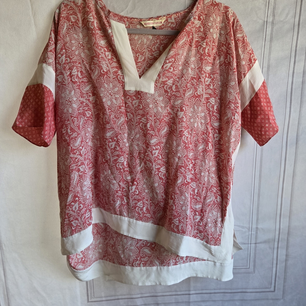 Rebecca Taylor Red Paisley V-Neck Tunic with White Trim